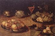 Still life of Grapes and apples on pewter plates,figs,melons and a wine glass unknow artist